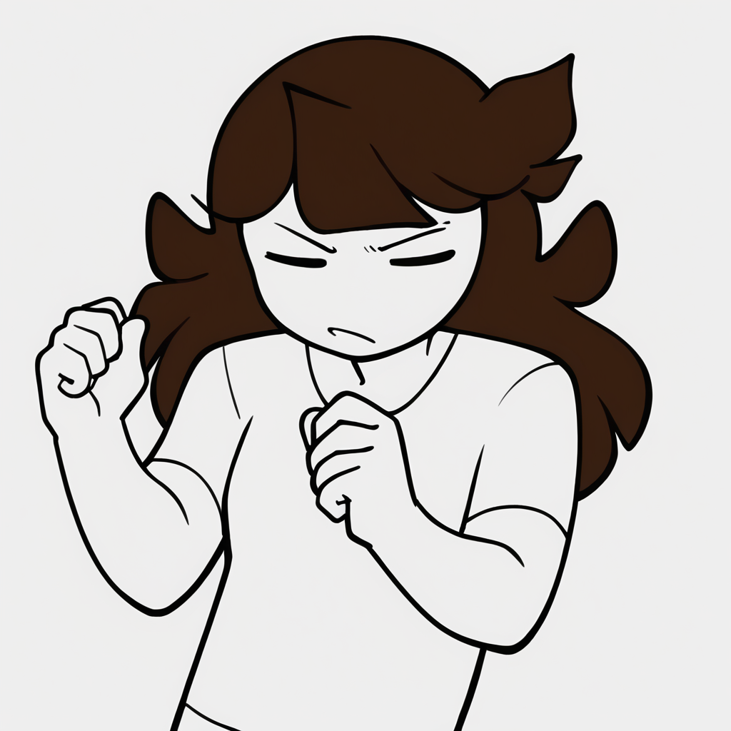 score_9,score_8_up,score_7_up,score_6_up, monochrome, flat color, <lora:Jaiden_Pony-000011:1> , jaiden, 1girl, long hair, bangs, brown hair, white shirt, short sleeves, blunt bangs, solid oval eyes, no nose,