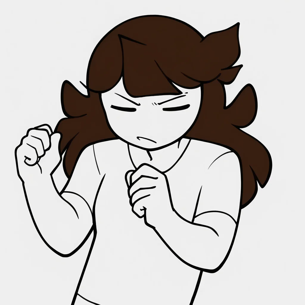 score_9,score_8_up,score_7_up,score_6_up, monochrome, flat color, <lora:Jaiden_Pony-000011:1> , jaiden, 1girl, long hair, bangs, brown hair, white shirt, short sleeves, blunt bangs, solid oval eyes, no nose,