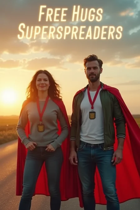 A cinematic medium shot of a European man and woman standing side by side, wearing a superhero cape. They have a strong, determined, and happy expression. Both characters have a badge around their necks. The background is a vast landscape with a road leading into the horizon. The sun is rising in the distance. The text "Free Hugs Superspreaders" is integrated into the sky, blending with the feeling of strength and determination. The characters are standing tall and proud and looking confidently ahead.