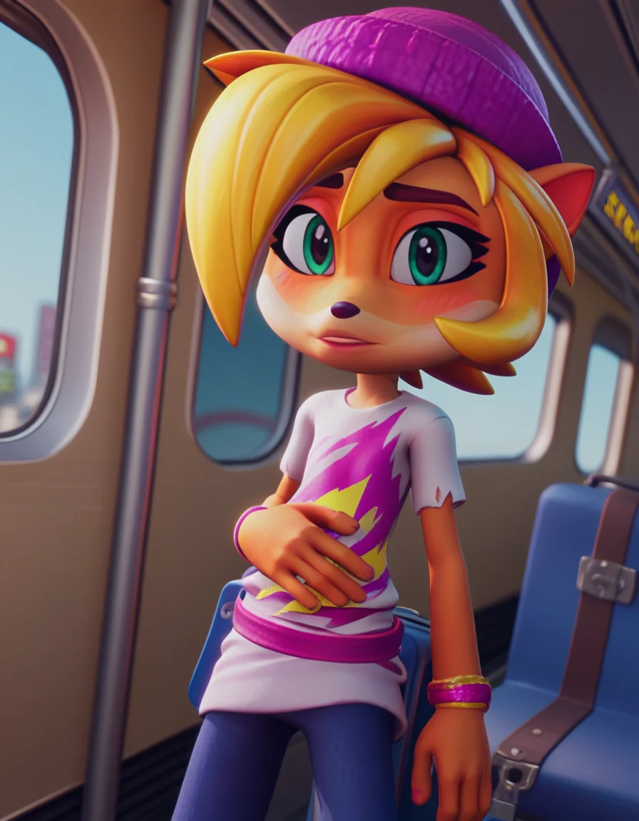 score_9, score_8_up, score_7_up, source_anime, <lora:coco-bandicoot-totally-tubular-ingame4-ponyxl-lora-nochekaiser:1>, coco bandicoot, short hair, blonde hair, green eyes, pointy ears, furry, 3d, shirt, hat, torn clothes, striped shirt, pants, train station, waiting for train, suitcase, traveling, commute, city skyline, hands behind back,, , looking at viewer, hand on stomach, blush,, solo,, cowboy shot, dutch angle,