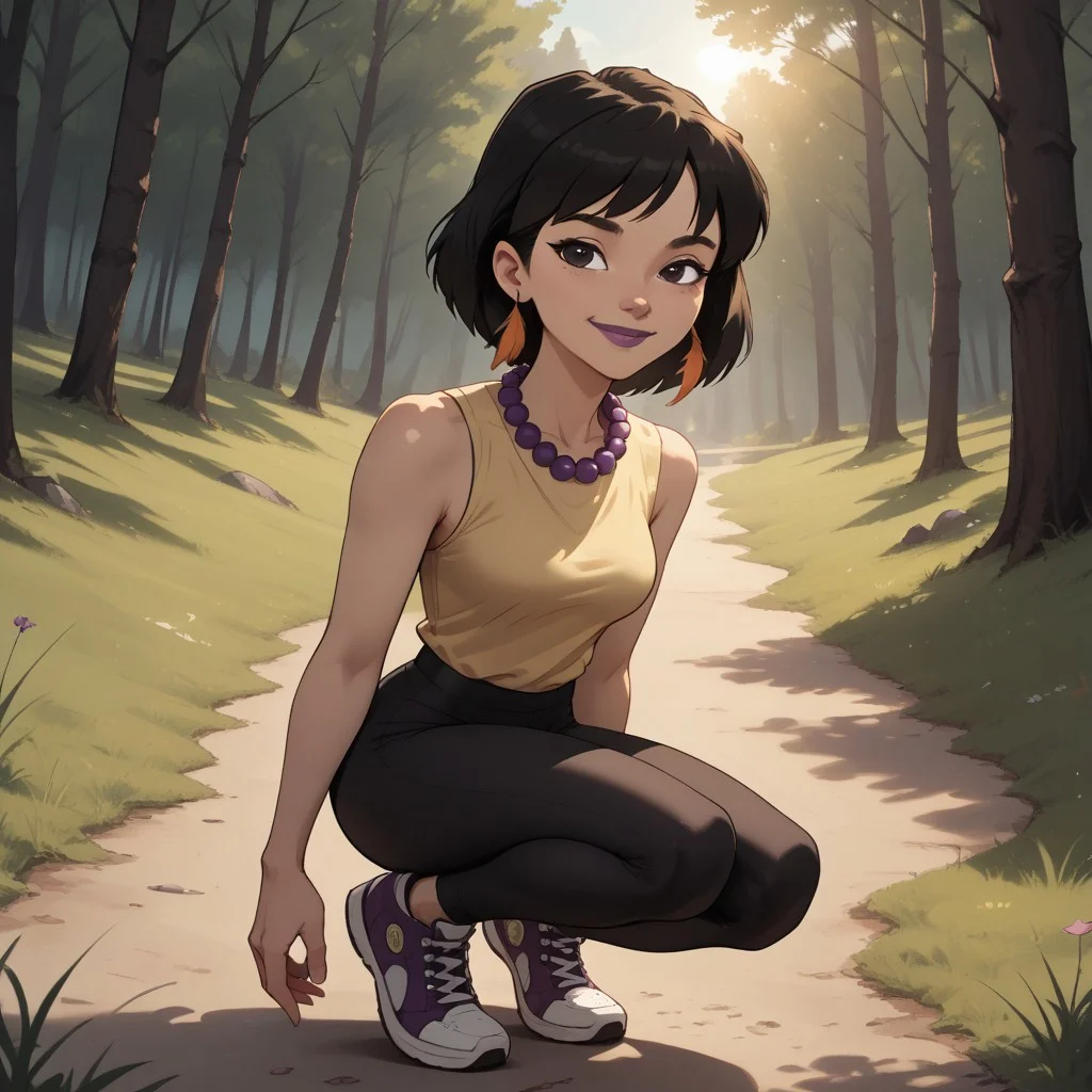 score_9, score_8, BREAK, solo, black hair, black eyes, purple lips, purple necklace, feather earrings, sleeveless shirt, leggings, sneakers, total drama, Sky_(\Total_Drama\), cute, tdpi, sexy pose, smile, outdoors, sunlight, shadows, evening lighting, natural lighting, forest, trees, grass, orange sky, sunset