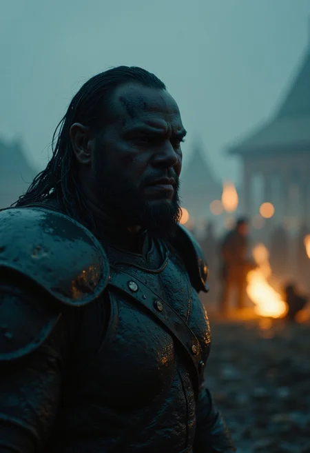A 4K cinematic shot of a hulking orc warlord standing amidst the chaos of battle. The orc's dark, scarred skin is wet with rain, highlighted by flashes of lightning in the background. His brutal iron armor reflects a dim, fiery glow from distant torches. Mud splashes as his giant axe swings through the air. The scene is framed with dynamic camera angles, capturing the depth of field and emphasizing his sheer size, like a scene from Lord of the Rings. The lighting is dramatic, creating stark contrasts that bring out the realism of his war-torn expression and battle-hardened physique.