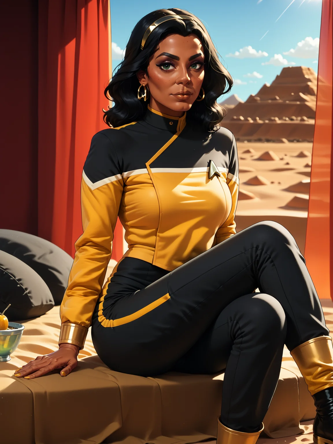 score_9, score_8_up, score_7_up, score_6_up, score_5_up, 1girl in sttldunf star trek black and yellow uniform ,black shoulders,black pants, sitting on a mound on a desert,arabian woman<lora:STTLPony:0.8>
