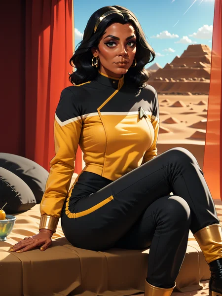 score_9, score_8_up, score_7_up, score_6_up, score_5_up, 1girl in sttldunf star trek black and yellow uniform ,black shoulders,black pants, sitting on a mound on a desert,arabian woman<lora:STTLPony:0.8>