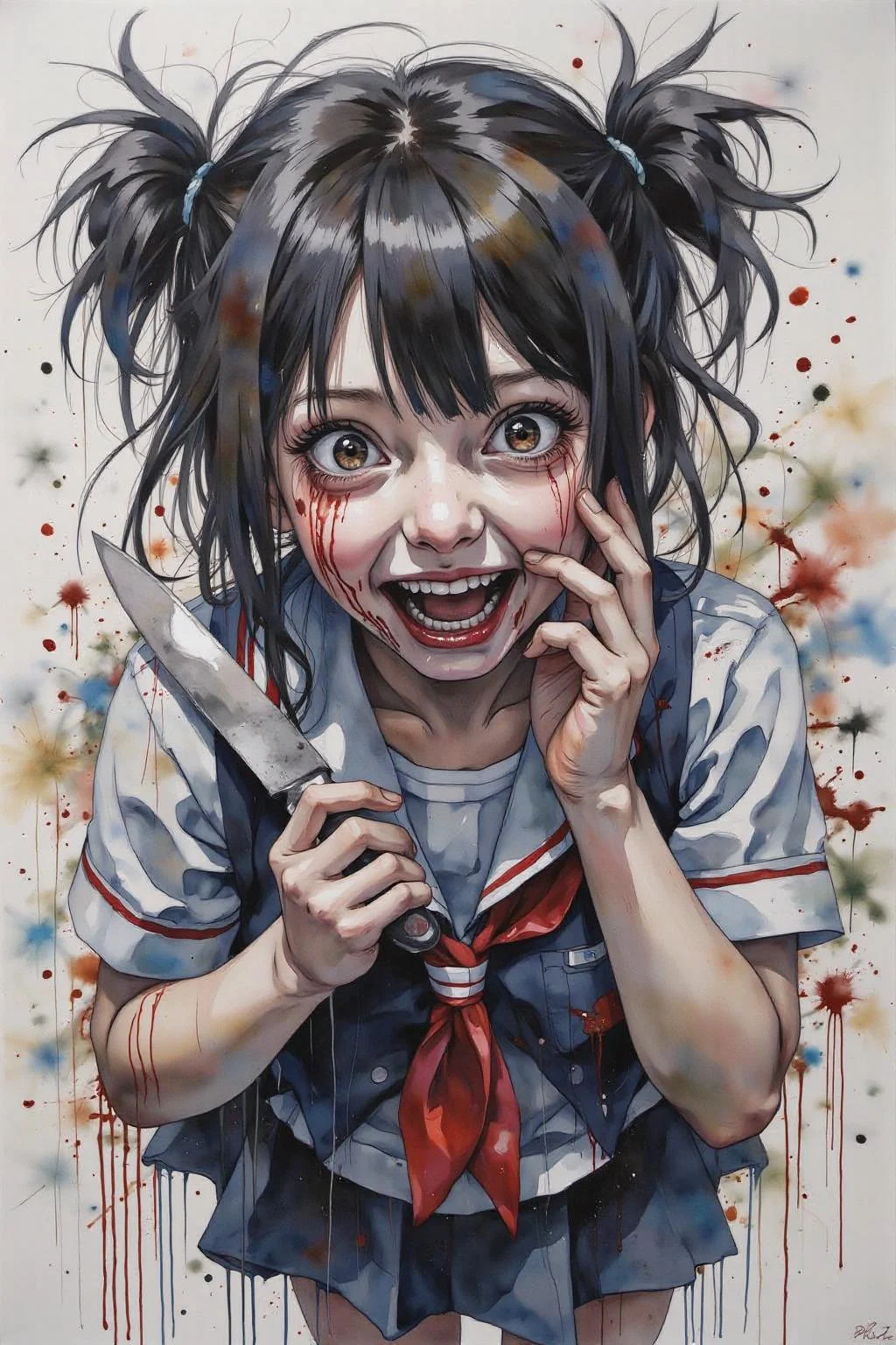 yawc1 watercolor.
masterpiece, best quality, amazing quality, very aesthetic, absurdres, newest, scenery, 1girl, toga himiko, teeth, open mouth, blood on face, smile, double bun, crazy eyes, holding knife, hand on own cheek, upper body, school uniform backlighting, from above, dutch angle, , close-up, photorealistic, dutch angle, (colorful), from above, (((paint splatter))),fisheye, , masterpiece, best quality, amazing quality, very aesthetic, absurdres, newest, scenery, volumetric lighting <lora:yawcolor_flor2_d4a2:1.0> <lora:Flux-Sch-SingleBlocks-BF16:1.0><lora:798807129281548543:0>