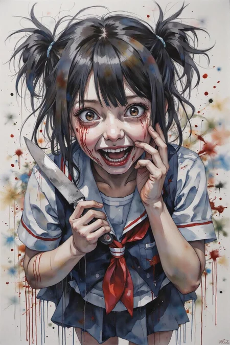 yawc1 watercolor.
masterpiece, best quality, amazing quality, very aesthetic, absurdres, newest, scenery, 1girl, toga himiko, teeth, open mouth, blood on face, smile, double bun, crazy eyes, holding knife, hand on own cheek, upper body, school uniform backlighting, from above, dutch angle, , close-up, photorealistic, dutch angle, (colorful), from above, (((paint splatter))),fisheye, , masterpiece, best quality, amazing quality, very aesthetic, absurdres, newest, scenery, volumetric lighting <lora:yawcolor_flor2_d4a2:1.0> <lora:Flux-Sch-SingleBlocks-BF16:1.0><lora:798807129281548543:0>