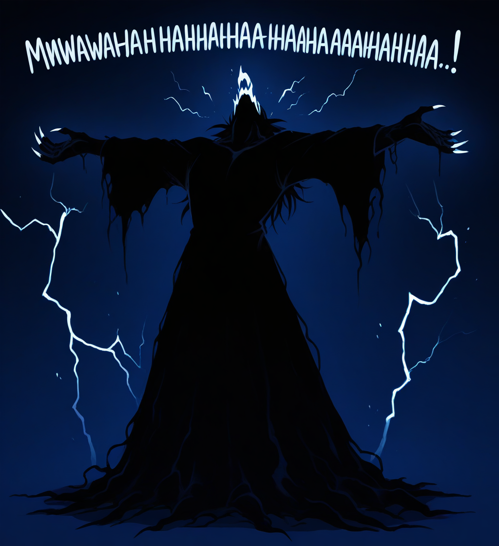 high resolution, best quality, 4k, solo, male, open mouth, head back, spread arms, full body, laughing, night, lightning, dark castle background, shadow monster, ghost, dark body, glowing eyes, flesh fang, noseless, claws, <lora:Laughing_Text_IL:1> mwahaha, blue text, big text, exclamation mark