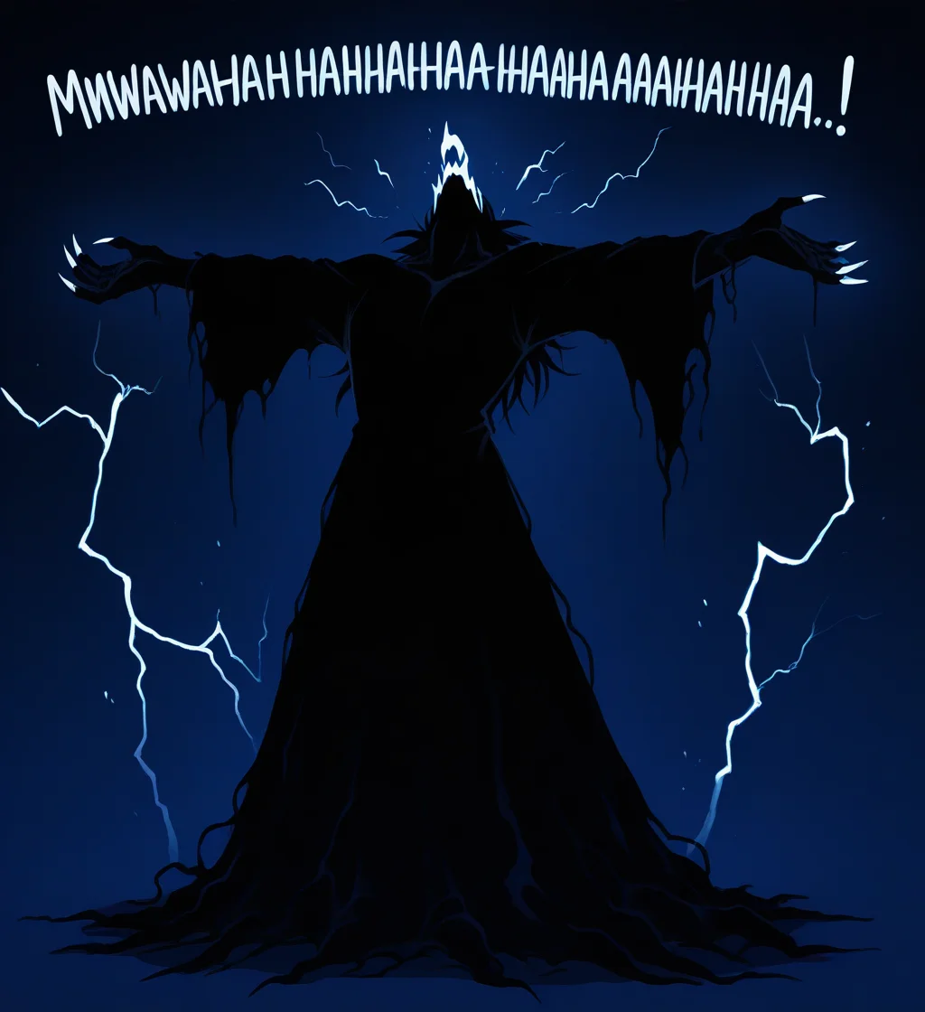 high resolution, best quality, 4k, solo, male, open mouth, head back, spread arms, full body, laughing, night, lightning, dark castle background, shadow monster, ghost, dark body, glowing eyes, flesh fang, noseless, claws, <lora:Laughing_Text_IL:1> mwahaha, blue text, big text, exclamation mark