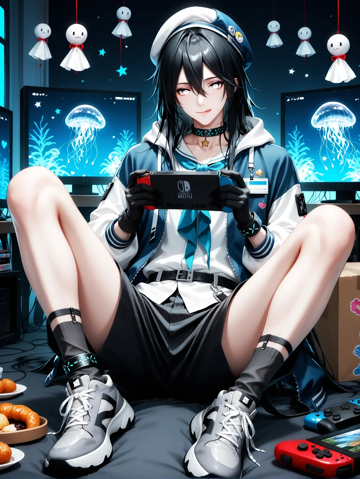 masterpiece, very aesthetic, best quality, amazing quality, solo, imtdwenningz, 1boy, long hair, black hair, hair between eyes, white eyes, fit body, masculine, hat, holding, sitting, looking at viewer, infection monitor \(arknights\), sneakers, shoes, black shorts, heart, white footwear, hair between eyes, shirt, black pants, jellyfish, tongue out, smile, pants, long sleeves, shorts, full body, tongue, black shirt, indoors, beret, closed mouth, blue headwear, jacket, socks, television, belt, blue neckerchief, playing games, spread legs, gloves, hands up, white headwear, id card, collar, :q, monitor, game console, holding controller, controller, parted lips, holding game controller, legwear under shorts, white shirt, blue jacket, black collar, box, white jacket, bishounen, teruterubouzu, jewelry, food, nintendo switch, blue shirt, neckerchief, black footwear, holding handheld game console, handheld game console, gray footwear, screen, hatsune miku figure, window, :p, choker, knees up, star \(symbol\), licking lips, computer, black belt, hood, phone, sticker