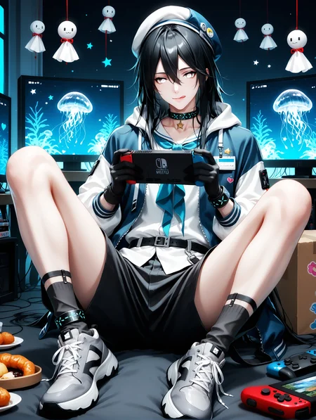 masterpiece, very aesthetic, best quality, amazing quality, solo, imtdwenningz, 1boy, long hair, black hair, hair between eyes, white eyes, fit body, masculine, hat, holding, sitting, looking at viewer, infection monitor \(arknights\), sneakers, shoes, black shorts, heart, white footwear, hair between eyes, shirt, black pants, jellyfish, tongue out, smile, pants, long sleeves, shorts, full body, tongue, black shirt, indoors, beret, closed mouth, blue headwear, jacket, socks, television, belt, blue neckerchief, playing games, spread legs, gloves, hands up, white headwear, id card, collar, :q, monitor, game console, holding controller, controller, parted lips, holding game controller, legwear under shorts, white shirt, blue jacket, black collar, box, white jacket, bishounen, teruterubouzu, jewelry, food, nintendo switch, blue shirt, neckerchief, black footwear, holding handheld game console, handheld game console, gray footwear, screen, hatsune miku figure, window, :p, choker, knees up, star \(symbol\), licking lips, computer, black belt, hood, phone, sticker
