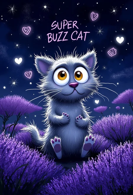 A whimsical illustration of an adorable elongated cat with messy spiky fur in dark whimsical art style, sitting in a begging position with large pleading paws raised up, surrounded by floating hearts, likes, and social media icons made of glowing purple lavender petals, the text "SUPER BUZZ CAT" appears written in swirling magical sparkles above the cat's head, digital painting with energetic brushstrokes showing fluffy texture, moonlit meadow background with twinkling stars shaped like thumbs-up icons, characteristic Tim Burton inspired design with enormous, glistening amber eyes filled with irresistible cuteness and tiny reflections of viral symbols, the cat's expression captures that perfect mix of sweetness and meme-worthy charm that makes everyone want to share