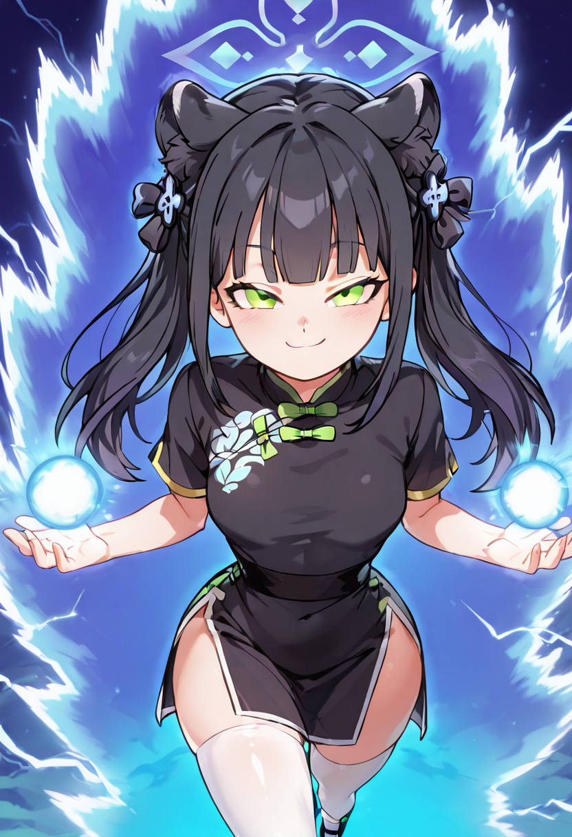 masterpiece, best quality, solo, curvy, beautiful eyes,  narrow waist, wide hips, zzShun, green eyes, black hair, blunt bangs, long hair, animal ears, tiger ears, halo, animal ear fluff, twintails, tiger girl, extra ears, black dress, black footwear, china dress, shoes, short sleeves, white thighhighs,  ,       <lora:ShunBlueArchiveIXL:1.0>, ,vivid aura, looking at viewer, blue background, smug, aura, super saiyan, charging energy, energy ball, energy, lightning, <lora:DBSBroly_Style_IXL_v2:0.6>,