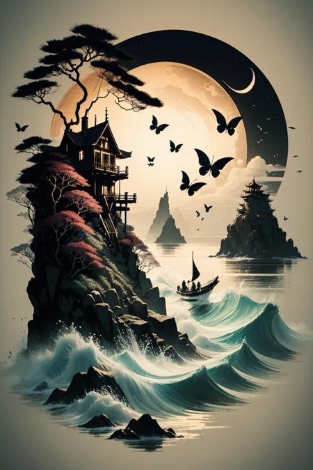 <lora:Calligraphy-ink-style-darquelilly-v1:1> calligraphyinkstyle, fairies swirling around, butterflies, volumetric lighting, night time, sea of lowers, moonlight black background