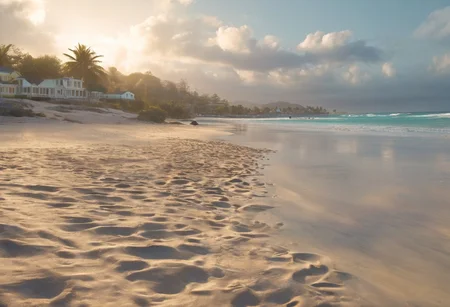 A magnificent and beautiful Jamaican beach, cinematic, atmospheric, 8K, mystical, dynamic lighting, octane render, landscape photography by Marc Adamus., beautiful sand, long beach