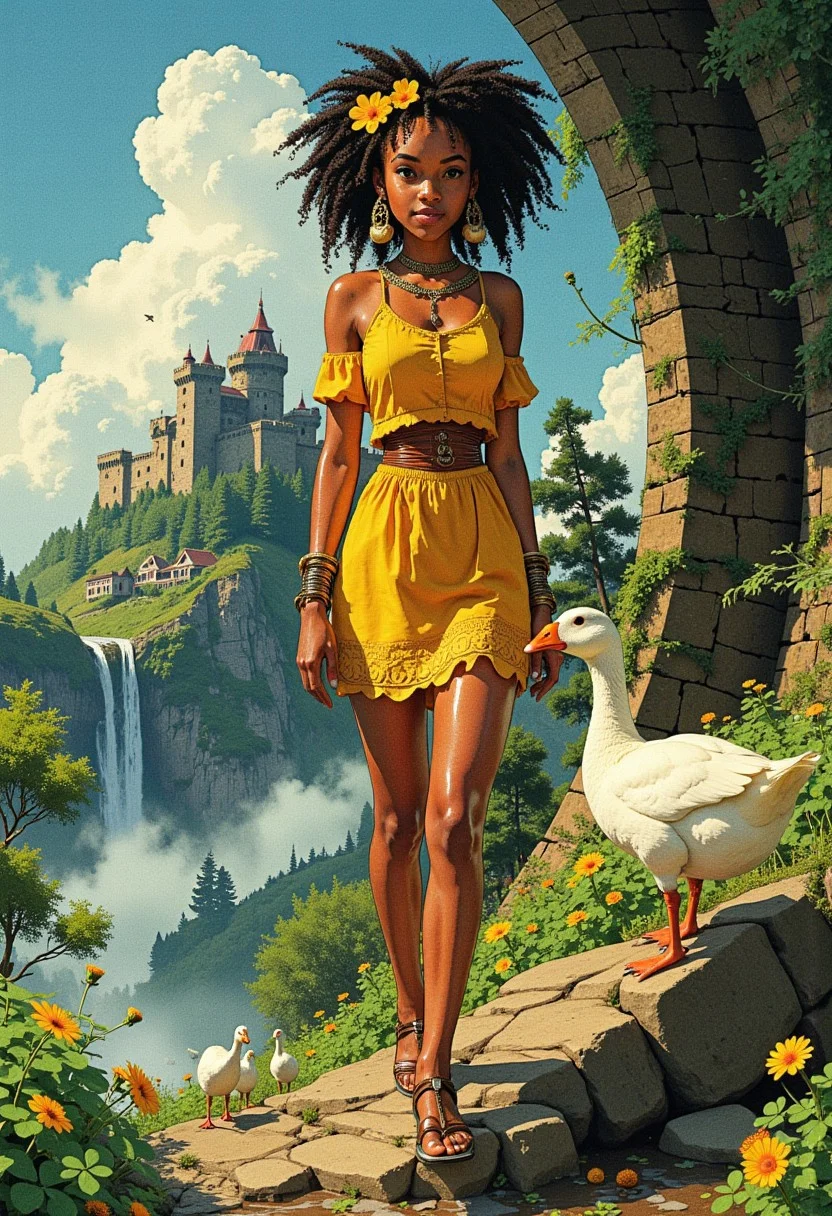 Solomon Islander shag titian hair (young woman), (druid:1.2), anime, illustration, (extremely detailed), (portrait), (standing:1.2), (happy smile), flower in hair, glossy lipstick, celtic necklace, wave earrings, loincloth, (sandals), Dark Yellow (druid short dress), (legs), heels, (sharp focus), fantasy, (beautiful celtic landscape:0.9), a group of white geese walking in a single file along, (small rock:0.9), (moss:0.4), (ripples, reflections:0.8), celtic castle, (small river small pond:0.5), druid forest, (druid village:1.2), (stunning nature environment:0.8), (enchanted land:0.5), clovers, (Safety Yellow flowers:0.9), leaves,bright (sunny sky), (sunset:0.3), best quality, colorful, wet floor, raytracing, hdr, high contrast, ethereal natural lights, backlight, (lens flare:0.4), shadows, (vibrant colors, colorful):0.6, pretty, beautiful, happy, smiling, feminine, sexy, lovely, in love, adorable, fashion, Suzume style