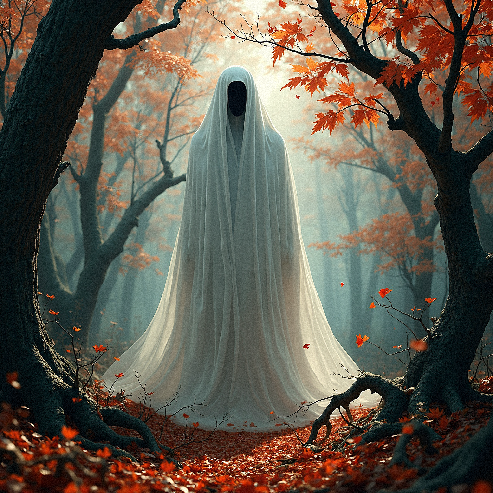  a highly detailed and realistic ghostly scene in an ancient forest bathed in autumn hues. The ghost is draped in a flowing white cloak, which covers it entirely, leaving only deep black eyes and a small, shadowed mouth visible. The forest is filled with twisted, gnarled trees, their branches bare except for scattered red and orange leaves, which add vibrant splashes of color against the spectral figure. The trees' bark is textured and aged, telling tales of time, while the background bathes the scene in warm tones of red, orange, and brown. The ghost appears to float gently above the forest floor, with shadows subtly cast by the soft, diffuse light that filters through the trees, adding depth and an eerie tranquility. The scene feels like a fleeting glimpse into an enchanted, melancholic world, where the ghost silently inhabits the quietude of the autumn woods.
