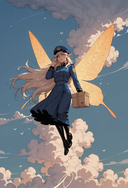 score_9, score_8_up, score_7_up, masterpiece, best quality, very aesthetic, 1girl, incoth, (incase:0.6), detailed face, (dynamic:1), stylized, illustration, platinum blonde, extremely long hair, golden eyes, fairy, wings, post uniform, postman uniform, hat, flying, carrying package, delivery service, strained, cloudy, dangling contraption 