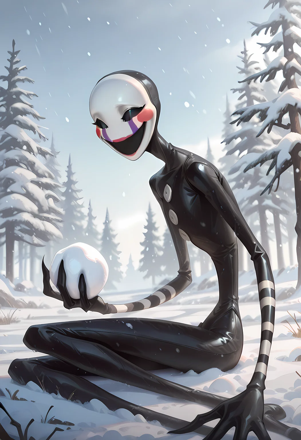 puppet, mask, black bodysuit, smile, open mouth, blush stickers, striped, purple tear streaks, no pupils, black empty sockets, black sclera, <lora:illustrious_quality_modifiers_masterpieces_v1:1> masterpiece, very aesthetic, ,hand writen, sky,  no pupils, long limbs, long arms, long legs, slender, masterpiece, best quality, amazing quality, very aesthetic,,,(solo), <lora:L0LSPL4SH_IllustriousXLv01:0.6> best quality, masterpiece \(quality\), L0LSPL4SH, year2024, year2023, West Studio, sixmorevodka, {prompt} <lora:puppet-10:0.8>,,no pupil,snowing,,holding  snowball,,,from side,snowy background,sitting,tree at background,(solo) ,sittin on ground,,looking at ground,looking down,holding a big snowball,,,snow storm,