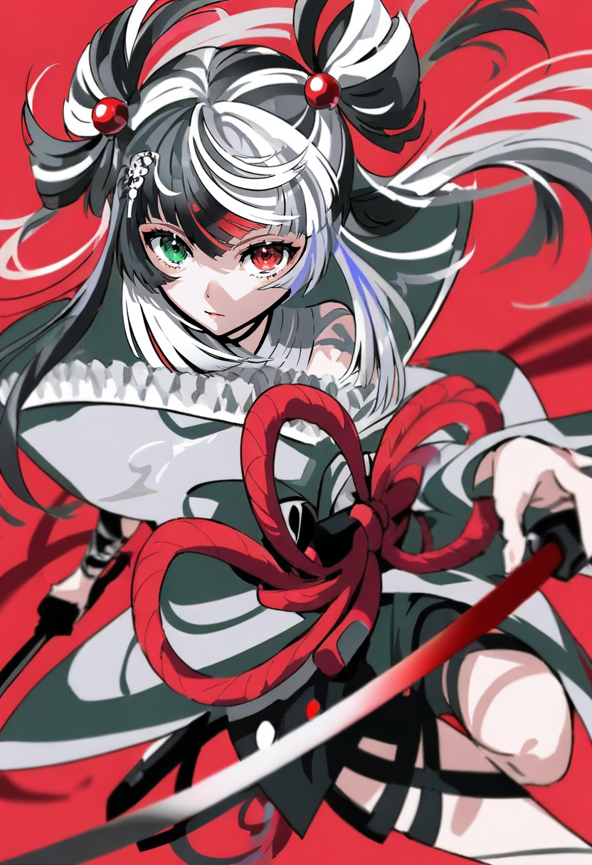 <lora:yoneyamaiXL_il_lokr_V53P1:0.95> 1girl, heterochromia, solo, red eyes, red background, white hair, long hair, looking at viewer, multicolored hair, black hair, weapon, bangs, green eyes, hair ornament, grey hair