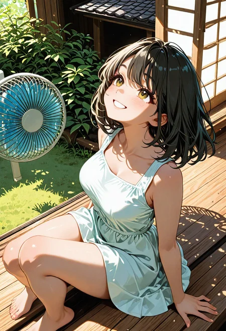 score_9, score_8, score_7, best quality, masterpiece, ultra-HD, aesthetic,1 girl,adult,solo,black medium hair,looking up,happy,smile, ,medium breasts,white short sleeveless dress,bare feet,BREAK,sittin on wooden proch of traditional japanese house,hair flowing wildly,electric fan on wooden proch,classic japanese architectural elements,wooden pillars,shoji paper doors,sloped tiled roof,lush green landscape beyond proch,sunlight,dappled shadows,clear weather,BREAK,knees togehter,feet in air,side above view,close up