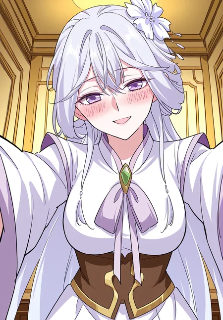 <lora:Chu_Qingcheng__Demon_Emperor__Illustrious:1>
1 girl, solo, long hair, white hair, layered hairstyle, side-swept bangs, flower hair ornament, hair flower, purple eyes,
chinese clothes, white long dress, gold-trimmed dress, brown corset, emerald gem, gem brooch, front bow, long sleeves
score_9, score_8_up, score_7_up, score_6_up, source_anime, rating_explicit, 1girl, solo, smile, embarrassed, alcalose eyes, open mouth, mansion, indoors, looking at viewer, outstretched arms, pov, close-up, (head tilt:1.2)