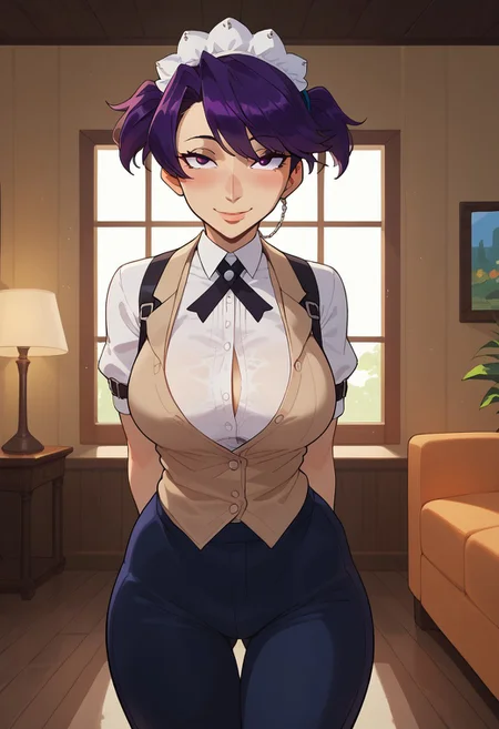 safe_pos, score_9,score_8_up,score_7_up, (High Resolution), (More Details), (8K), (High Resolution), mature woman, adult woman, 1girl, cute face, kikunop3, purple hair, short hair, short twintails, maid headdress, vest, shirt, slightly unbuttoned shirt, slightly open shirt, pants, gloves, holster, cleveage, perfect face, slim body, clevage, soft breast, plump breast, bstyptit, busty petite, sexy girl, beautiful eyes, round ass, big breasts, wide hips, thicc, petite figure, thick thighs, long legs,thick legs, perfect face, detailed eyes, perfect black eyes, beautiful eyes, big round eyes, wide hips, thin waist, indoors, living room, mansion, night, nightime, night sky, moon, (skin indentation:1.5),  big breasts, big boobs, 
score_9, score_8_up, score_7_up, score_6_up, score_5_up, score_4_up, BREAK, 1girl, solo, soft smile, small smile, blushing, half open eyes, hands behind back, leaning forward, facing viewer, looking at viewer,  eye contact with viewer
