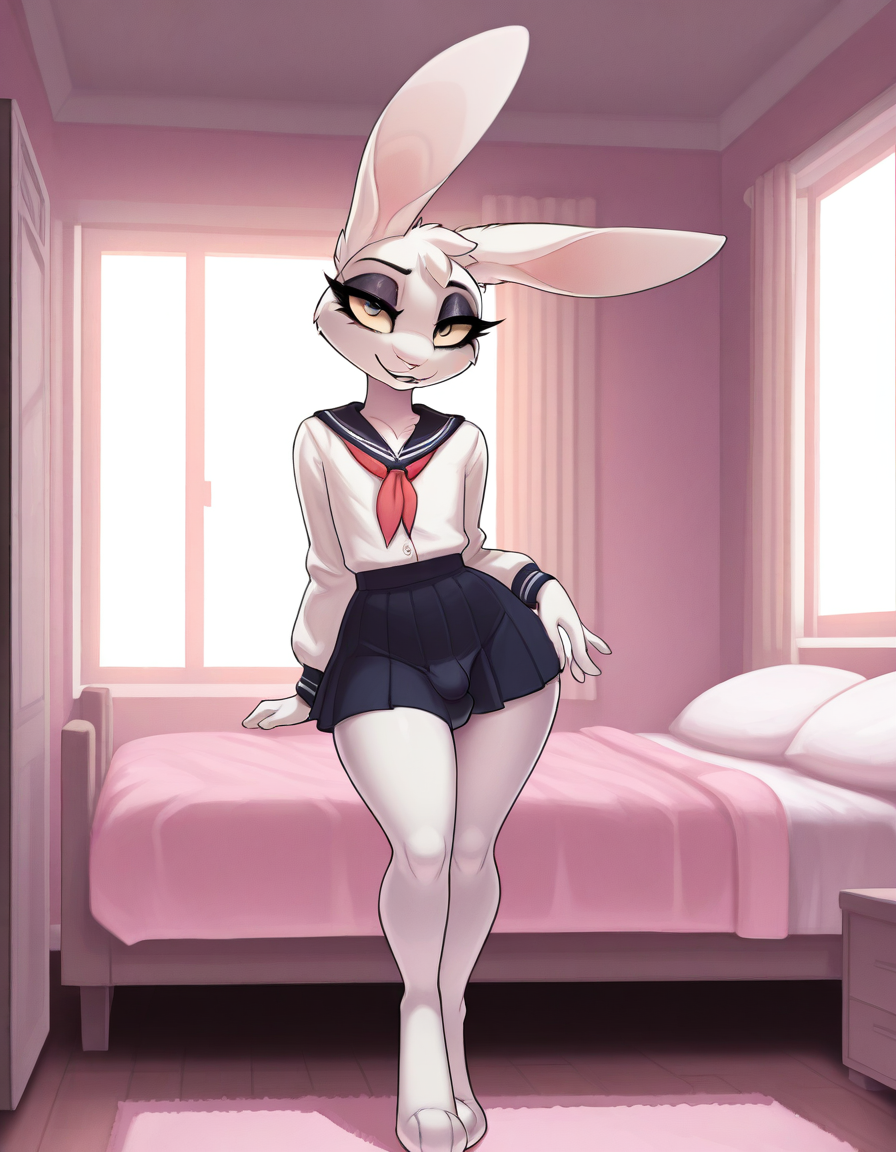 masterpiece, best quality,
indoors, bedroom, 
full body,seductive smile,parted lips,long eyelashes, 
school uniform, 
 <lora:Texi_v01_ILXL:1>,
Texi,1boy,solo,furry,rabbit boy,girly,short hair,rabbit ears,yellow eyes,colored sclera,eyeshadow,body fur,white fur