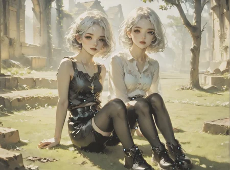 score_9, score_8_up, score_7_up, Environmental scene, character off to side, sitting in repose enjoying the view, 1girl, pale skin, medium breasts, <lora:sm0k3XLP:1>, <lora:goth_clothes:1>, goth casual clothes, jewelry, black stockings, black shorts, Long white hair, young face, <lora:_sdxl-gaming-pony:1>, <lora:0777 no one world_v1_pony:1> ruanyi0777, moss, vines, overgrown, tree, ruins,