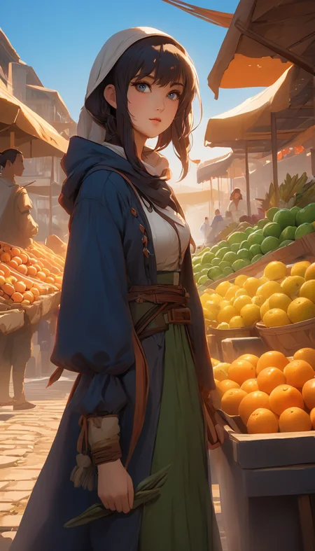 A female rogue stealing fruits from the market, extremely beautiful detailed piercing eyes, hero view, action pose, cinematic scene, scenery, detailed background, masterpiece, best quality, high quality, highres, absurdres, very detailed, high resolution, sharp, sharp image, 8k, vivid, colorful, stunning, anime Studio Sunrise <lora:studio_sunrise_xl_v1:1>