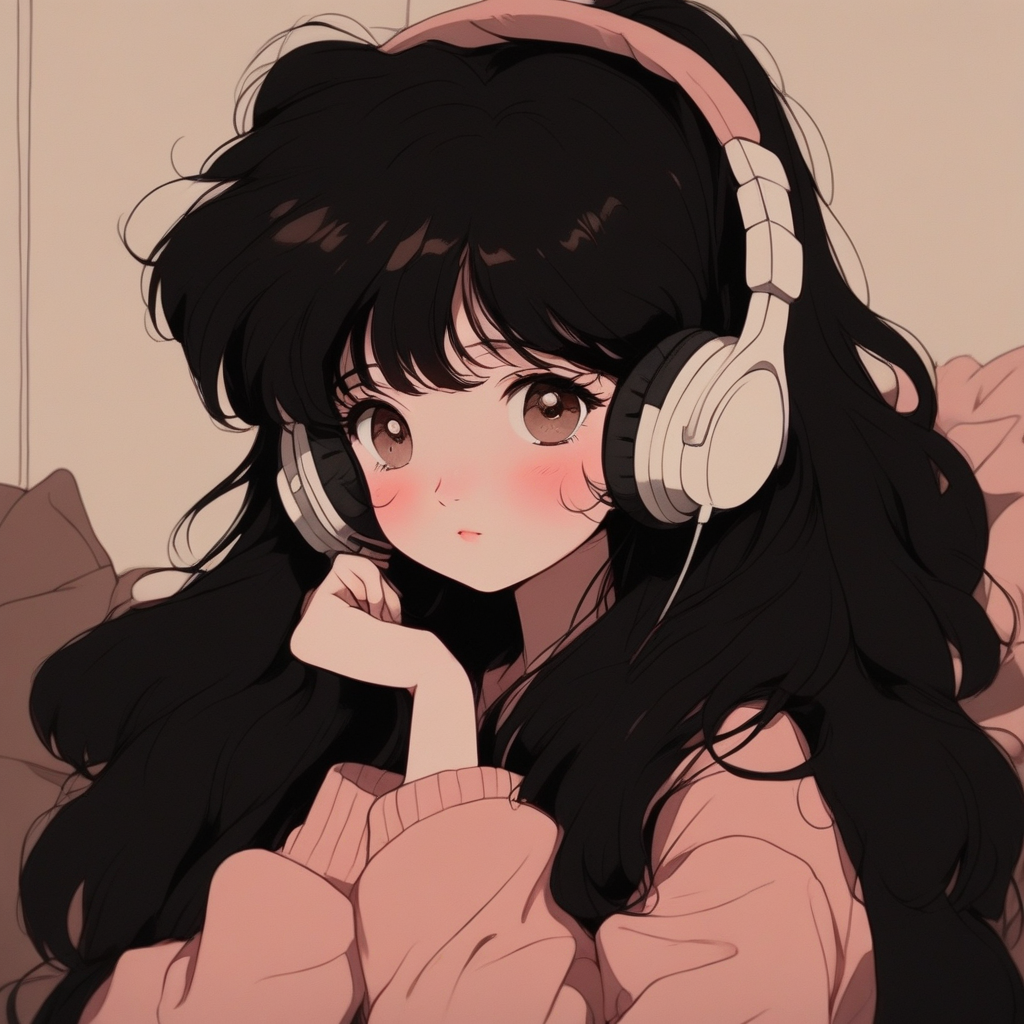 QBBvintage, 1girl, bangs, black hair, blush, brown eyes, closed mouth, earmuffs, headphones, long hair, long sleeves, looking at viewer, solo