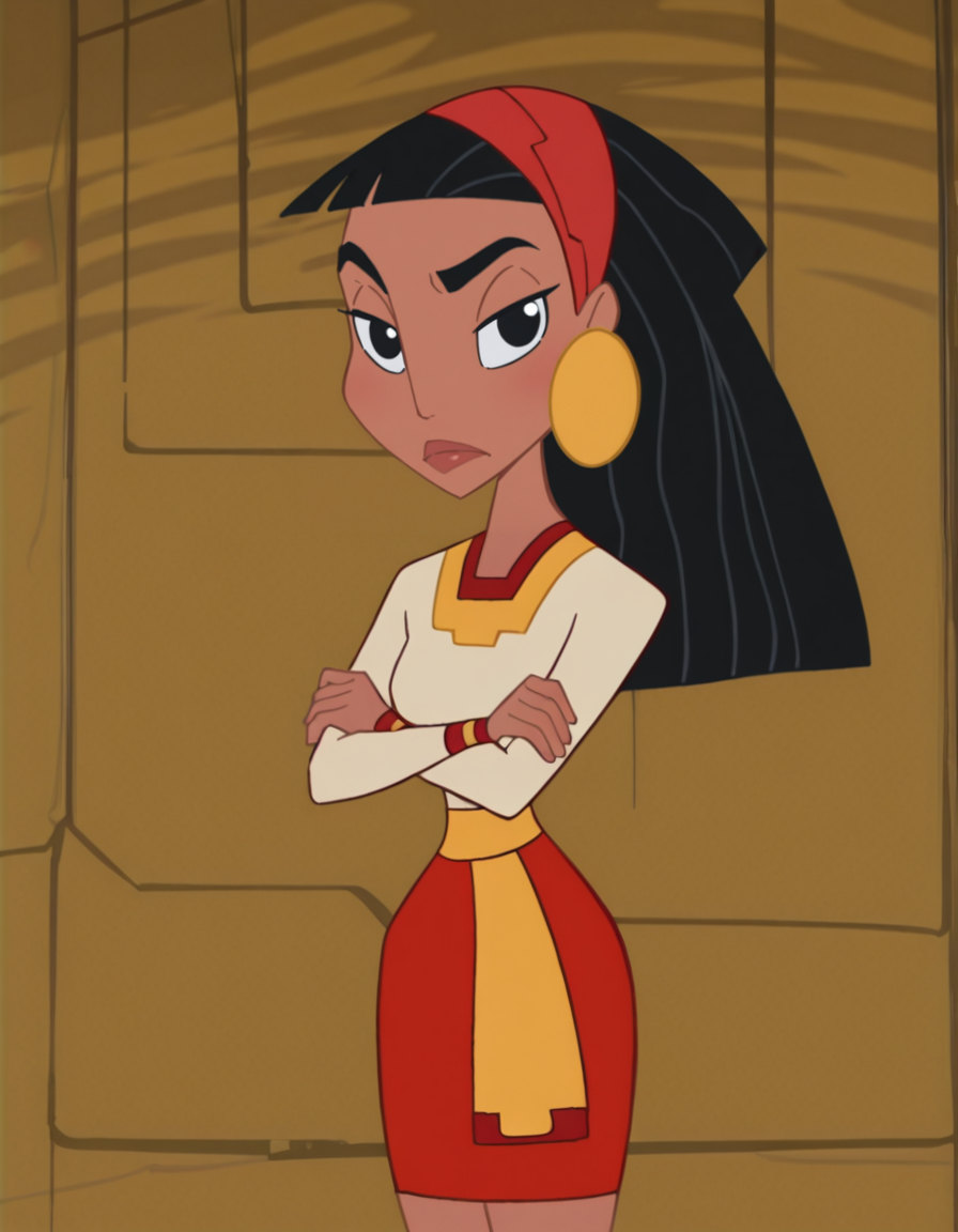 <lora:MalinaIllustrious1.0JLFO:1> malina, black hair, dark skin, jewelry, earrings, long hair, 1girl, black eyes, hairband, solo, white shirt, skirt, shirt, looking at viewer, crossed arms, frown,  cowboy shot,