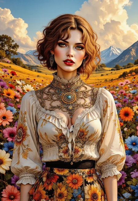 High-resolution anime-style illustration, gouache painting and Fauvism influences, young woman standing in the middle of a vast flower field, vibrant colors bursting around her in wild, expressive strokes, deep chestnut hair styled into twin braided buns, soft bangs framing her joyful, carefree smile, wearing a cropped, puff-sleeved blouse with intricate embroidery, a high ruffled collar, and a bold geometric pattern across the chest, warm wind catching the fabric, golden sunlight illuminating the scene, thick gouache textures blending rich magentas, fiery oranges, and deep blues, dreamlike yet energetic atmosphere <lora:Anime_Art_V3:0.6> <lora:aidmaFluxProUltra-FLUX-v0.1:0.6> <lora:Illustration_Style_IV:0.8>