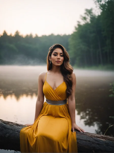 A dynamic cinematic photograph of Andrea_Michaels_P_MXAI_SDXL , calm expression, wearing a colorful sundress, sitting on a log at a misty forest pond, golden hour, shot from the side, PA7_Portrait-FL, SK_CINEMATIC, ziprealism