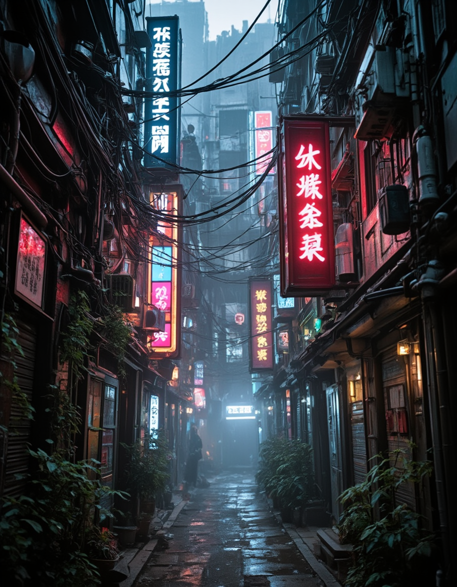 <lora:CWMinis01v2flux:1> cw01mini, cyberpunk, narrow street, cyberpunk buildings, glowing kanji, glow, illuminated, day, neons, too many wires, tubes on walls, low angle shot, photo, mist, persons, vegetation, bad weather,