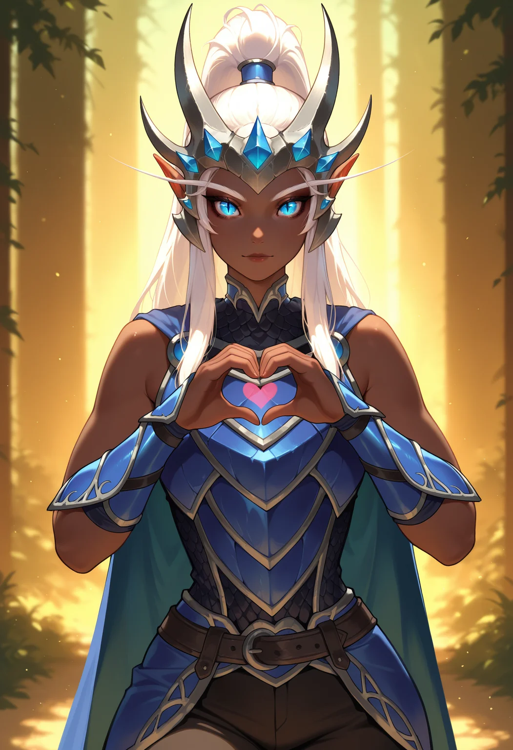 masterpiece, best quality, <lora:NSSindragosaWoW:1> NSSindragosaWoW, dark-skinned female, blue eyes, slit pupils, long eyebrows, white hair, pointy ears, high ponytail, sidelocks, horned headwear, blue armor, blue cape, blue vambraces, bare shoulders, sleeveless, pants, belt, looking at the viewer, heart hands