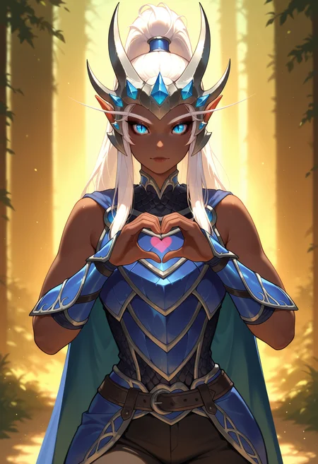 masterpiece, best quality, <lora:NSSindragosaWoW:1> NSSindragosaWoW, dark-skinned female, blue eyes, slit pupils, long eyebrows, white hair, pointy ears, high ponytail, sidelocks, horned headwear, blue armor, blue cape, blue vambraces, bare shoulders, sleeveless, pants, belt, looking at the viewer, heart hands