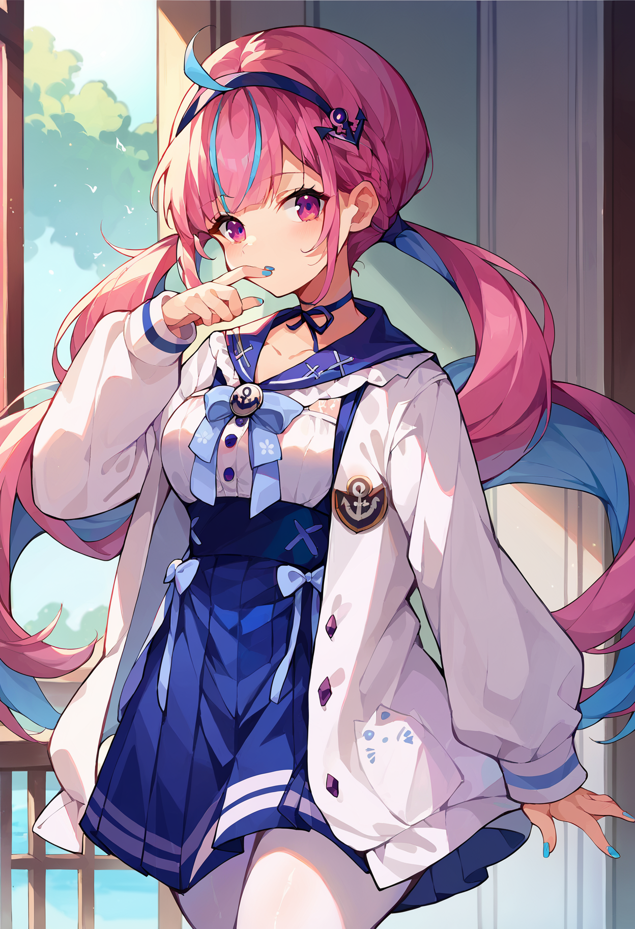 score_9, score_8_up, score_7_up, uncensored, source_anime, 1girl, <lora:spminatoAquaXLPony:1> aquasai, ribbon choker, blue choker, blue hairband, anchor hair ornament, blue sailor collar, white shirt, long sleeves, high-waist skirt, blue skirt, pleated skirt, white jacket open jacket, blue bow, blue ribbon, anchor symbol, white pantyhose, blue nail polish, blue nails