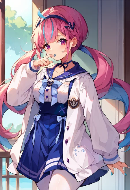 score_9, score_8_up, score_7_up, uncensored, source_anime, 1girl, <lora:spminatoAquaXLPony:1> aquasai, ribbon choker, blue choker, blue hairband, anchor hair ornament, blue sailor collar, white shirt, long sleeves, high-waist skirt, blue skirt, pleated skirt, white jacket open jacket, blue bow, blue ribbon, anchor symbol, white pantyhose, blue nail polish, blue nails