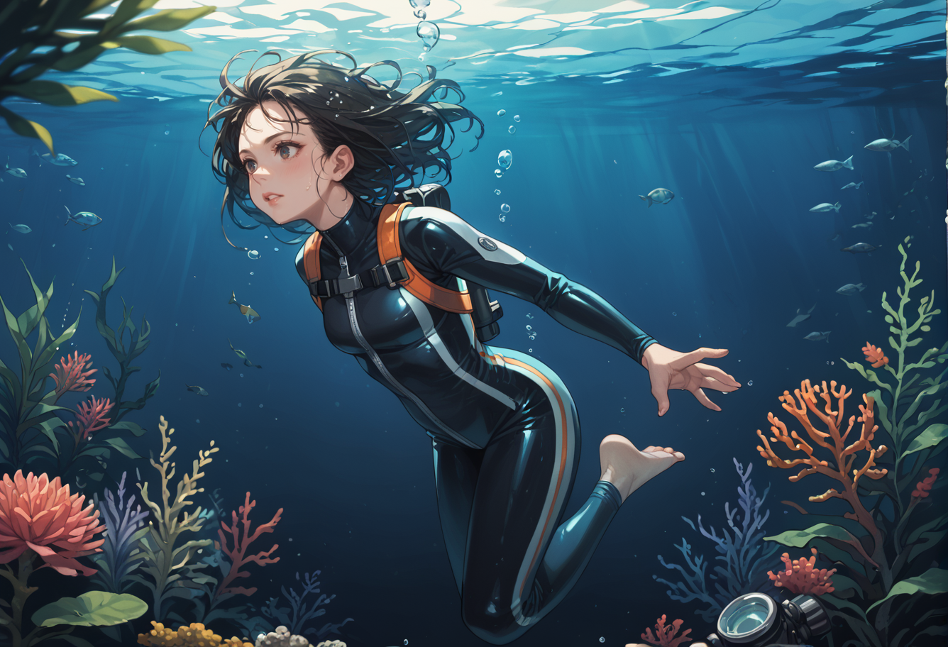 ,ruanyi0778,submerged,underwater,plant,glowing,wetsuit,oxygen mask,oxygen tank,1girl,<lora:0778 submerged_v1_pony:1>, score_9,score_8_up,score_7_up,,8k,1girl,solo,