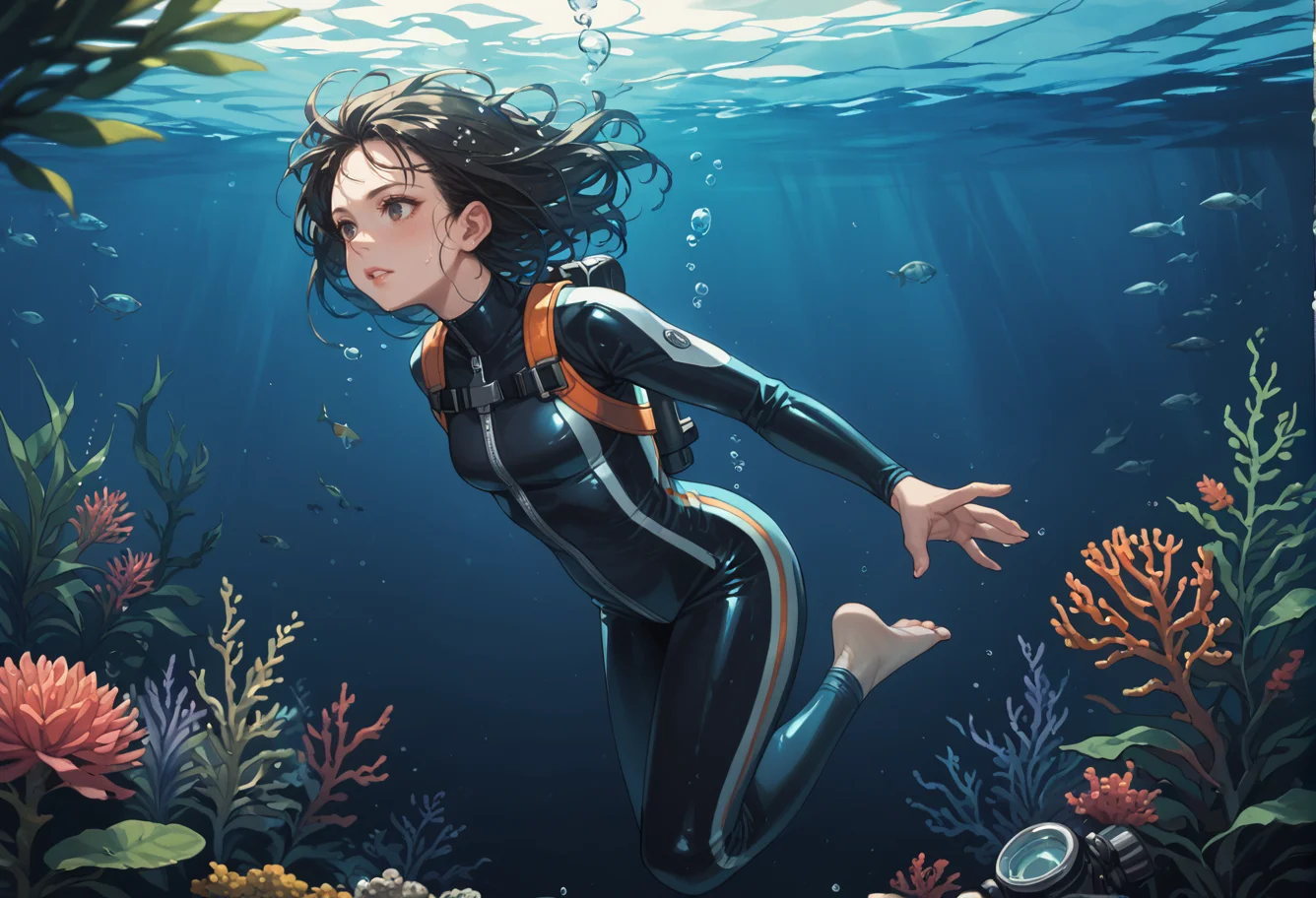 ,ruanyi0778,submerged,underwater,plant,glowing,wetsuit,oxygen mask,oxygen tank,1girl,<lora:0778 submerged_v1_pony:1>, score_9,score_8_up,score_7_up,,8k,1girl,solo,