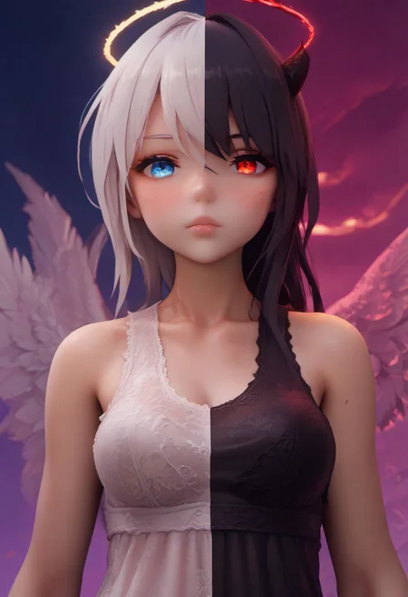 score_9, score_8_up, score_7_up, score_6_up, source_anime, masterpiece,
mythp0rt,
Vicineko, 3d,
1 girl,
full body. petite, medium-large breasts,
SplitScreen, split screen, upper body, <lora:SplitScreen_illusXL_Incrs_v1:1.2>,
1girl,
white hair,
halo,
blue eyes,
angel,
white dress,
angel wing,
pure,
adorable,
clear sky, clouds,
SplitScreen, split screen, upper body, <lora:SplitScreen_illusXL_Incrs_v1:1.2>,
1girl,
black hair,
demon girl,
red eyes,
human,
horns,
demon wing,
seductive look,
black clothes,
see through clothes,
reddish hell scenery,