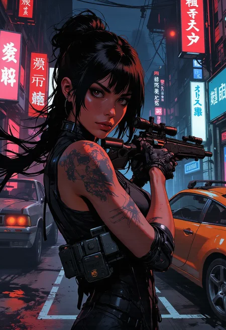 magnificent, closeup portrait, female bounty hunter, braided black hair, futuristic armor, battlesuit, mechanical armor, sleek armor, sexy, curvy, large breasts, large ass, aiming a sniper rifle, sniper rifle, aiming rifle, holstered pistol, Cyberpunk City, Neon Lights, foreshortening,
solo, 
Cowboy Shot, close up, from above,