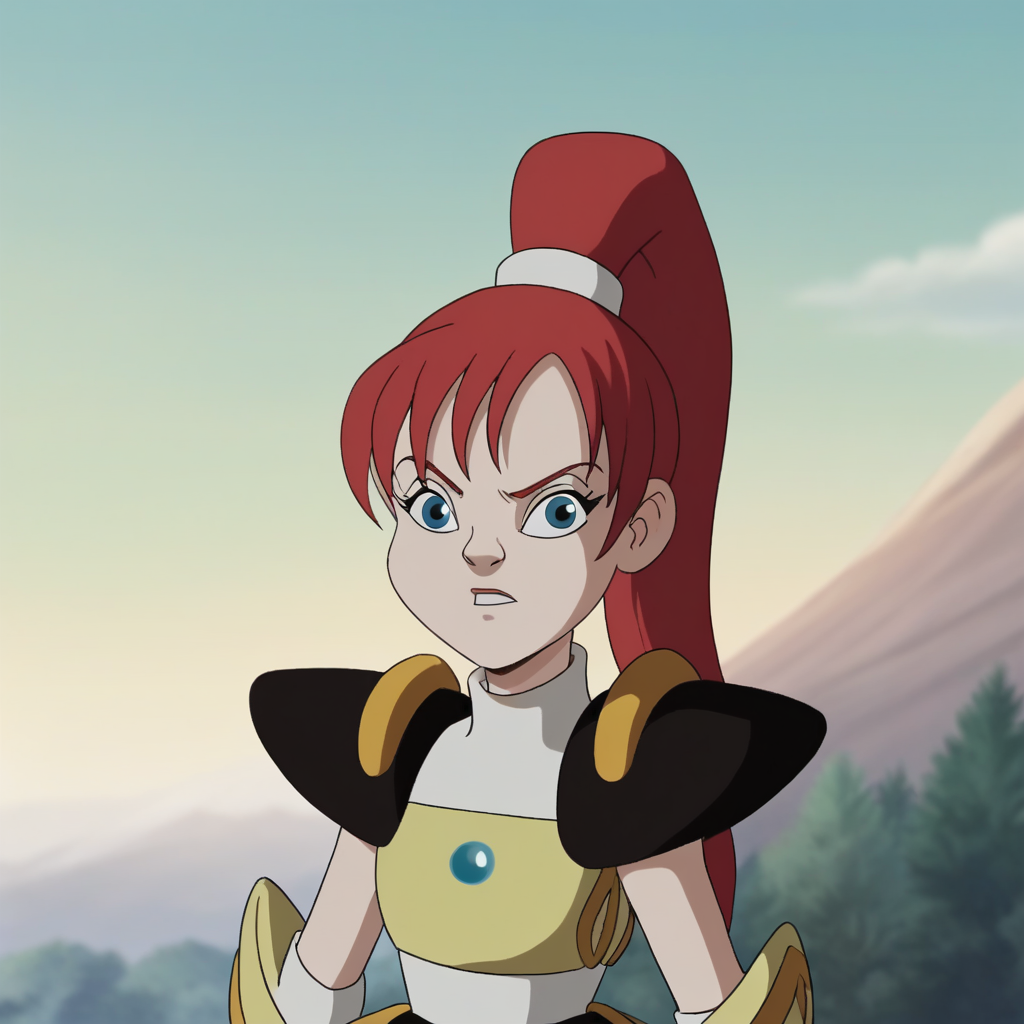 score_8_up, BREAK, PrincessSherbet, 1girl, solo, red hair, ponytail, high ponytail, long hair, blue eyes, armor, <lora:Princess_Sherbet_PXL_Leaf2:0.8>, portrait, outdoors,