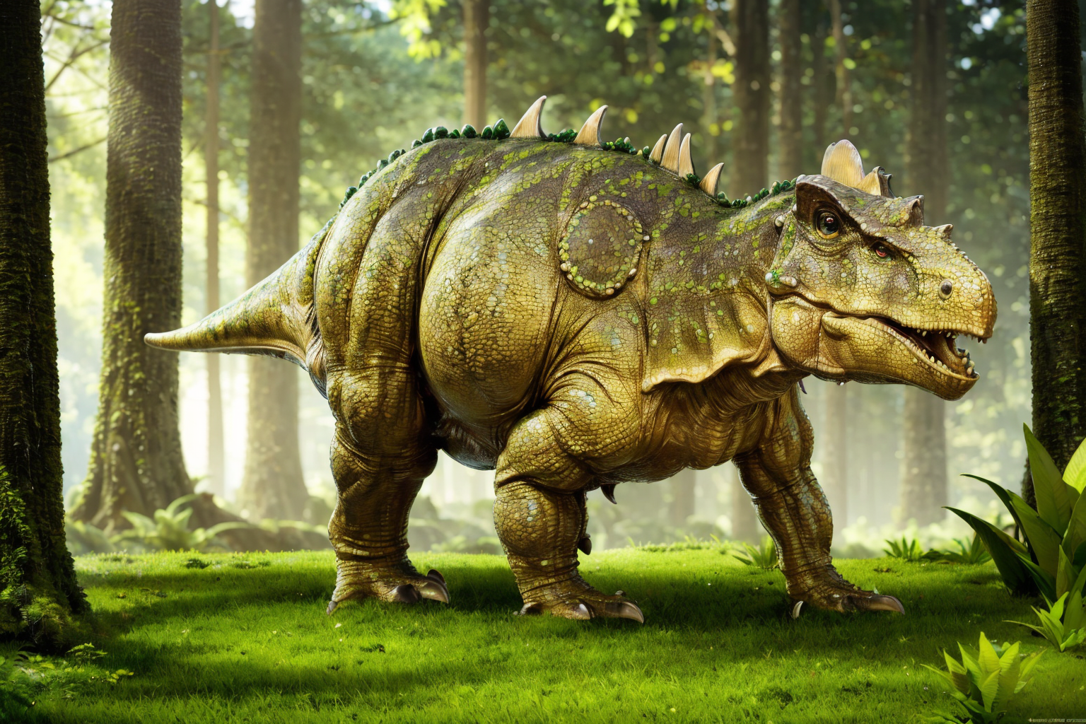 (masterpiece, best quality:1.2), ultra-detailed, Yellow and green jungle dinosaur tricerasauruss, (realistic:1.5), <lora:EdobDinosaurs_v1.0:1>