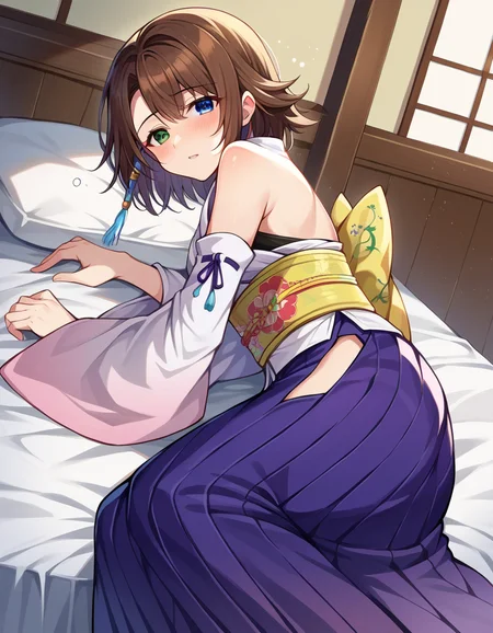 score_9, score_8_up, score_7_up, source_anime,
ffyuna, <lora:ff-yuna-ponyxl-lora-nochekaiser:1>,
yuna, blue eyes, brown hair, green eyes, hair ornament, heterochromia, short hair, mature female,
bare shoulders, detached sleeves, hakama, hakama skirt, japanese clothes, purple hakama, skirt, obi, sash, side slit, wide sleeves, white shirt,
indoors, bed, bed room, on side, blush, drunk,
looking at viewer, cowboy shot, dutch angle,