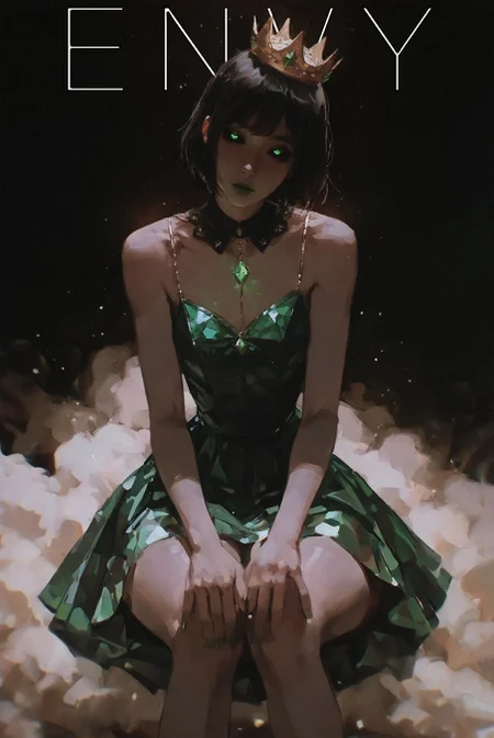 (sabu \(sabudenego\):1.2), (nixeu:0.9), (aleriia v:1.05), (yun ling:1.1), (zuharu:1.2), (guweiz:0.75), realistic,
newest, masterpiece, highres, year 2024, year 2023, (safe general questionable), ultra-detailed textures, contrast, saturated, (glowing:1.1),
(emerald \(theme\):1.2), gloom \(expression\), (emerald eyes, glowing eyes,:1.3), (facing viewer:0.5), (head tilt:1.1), sitting holding own knees, looking at viewer, staring, fullt body shot, glamour shot, fashion,
leaning forward, 1girl, solo, skinny, (narrow waist:1.1), (thick thighs:1.2), half-closed eyes, nose, (emerald lipstick:1.1), (black sclera:1.2),
royal, envy, crown, royal crown, emerald dress, short dress, aristocratic clothes, detached collar, shiny clothes, emerald jewels,
simple background, (light particles, dust cloud:1.2),
<lora:ponyv4_noob1_2_adamW:0.33>, <lora:96YOTTEA-WAI:0.65>, <lora:solipsist:0.45>, <lora:KonyaKarasue-000008:0.35>,