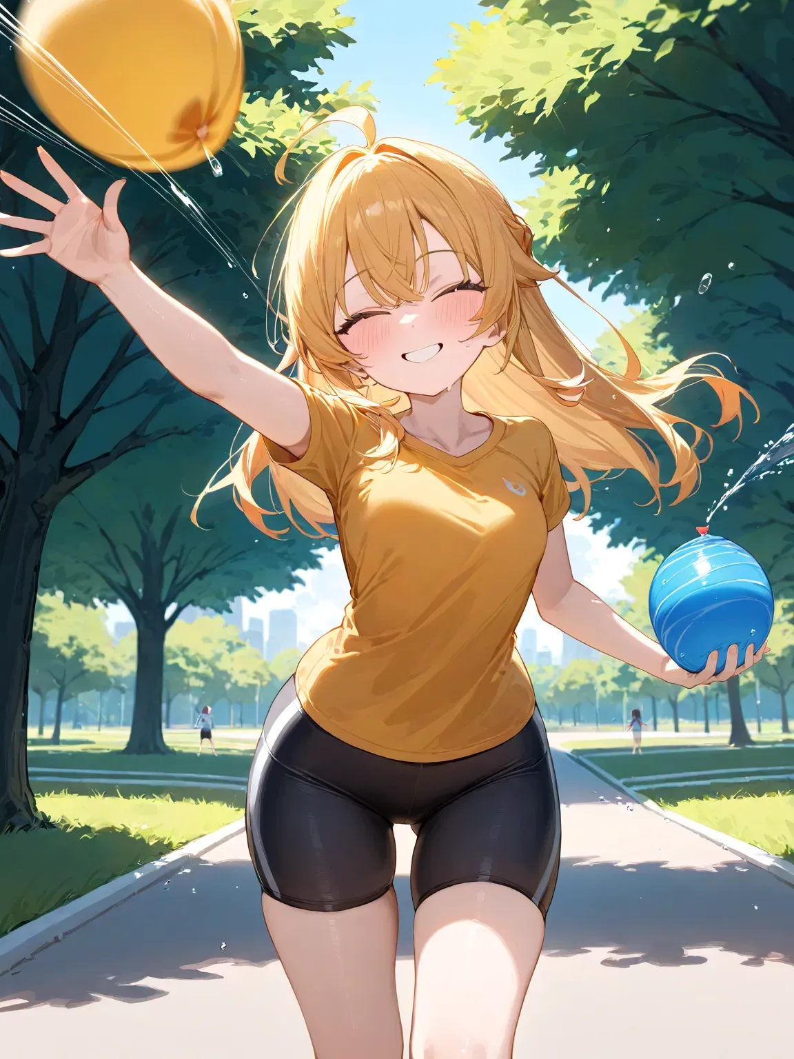 awesome beautiful girl:1.2), (shirt), (bike shorts), (skirt),
((throwing:1.9) water balloon),  (little smile), 
in park, (upper body), (from front),(motion line),(motion blur),
pov,
masterpiece, best quality, very aesthetic, absurdres, latest
<lora:water-balloon-xl-v3-animagine:0.8> 
 <lora:Fixhands_anime_bdsqlsz_V1:0.8>
<lora:LECO-waterballoon-water-v1-animagine_last:-1>