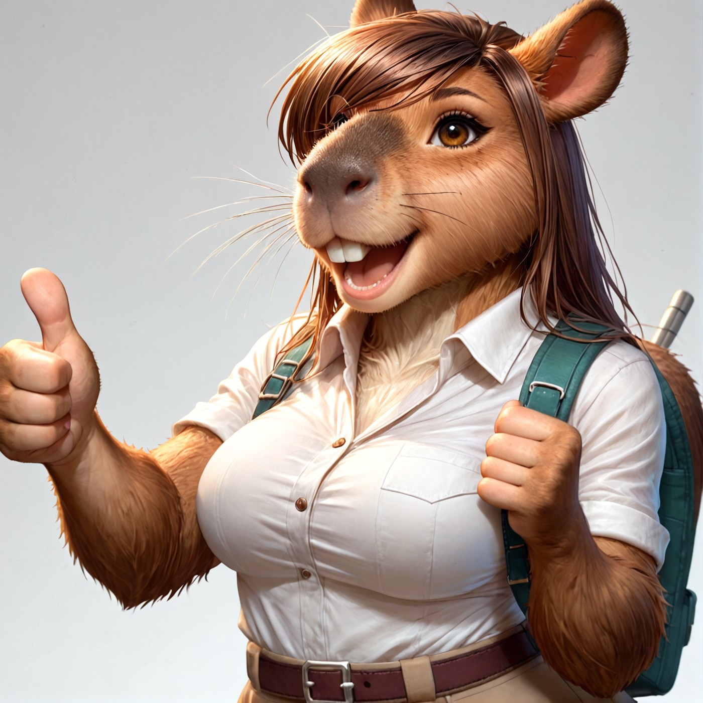 score_9,score_8,score_7,source_furry,
<solo:1.5>,
<1girl:1.5>,
capybara_anthro,capybara, chubby,
( art by neoartcore ) ,,
capybara_anthro, Capybara_Anthro, 1girl, animal ears, backpack, bag, belt, belt buckle, body fur, breasts, brown eyes, brown fur, brown hair, buckle, buttons, collared shirt, furry, furry female, genderswap, genderswap (mtf), hands up, large breasts, long hair, looking at viewer, open mouth, pants, shirt, shirt tucked in, simple background, sleeves rolled up, smile, snout, solo, tail, teeth, thumbs up, upper body, whiskers, white background, white shirt, capybara, 1girl, furry female, breasts, furry, solo, shirt, belt, whiskers, brown eyes, open mouth, backpack, white shirt, brown hair, simple background, white background, shirt tucked in, teeth, snout, bag, large breasts, thumbs up, animal ears, smile, collared shirt, looking at viewer, buttons, belt buckle, long hair, brown fur, pants,
 <lora:Capybara_Anthro:1> capybara_anthro
