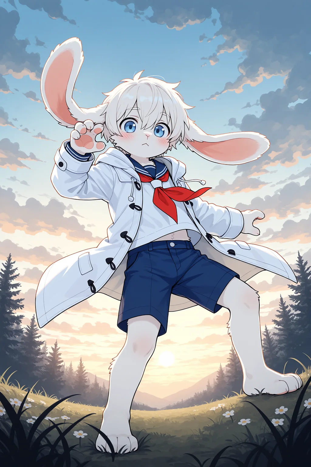 1boy,fur between eyes,white fur,lop rabbit ears,rabbit boy,blue eyes,furry male,blush,serafuku,white coat,blue shorts,paw,looking at viewer,dynamic pose,cloudy sky,nature,cinematic lighting,aged down,solo,male focus,IllusP0s,flat color,outline,pastel colors,ROOT,<lora:aidmaFLuxPro1.1_v0.3_IL:0.15>,<lora:noobaiXLNAIXL_epsilonPred11Version-lora:0.12>,<lora:best_of_ai_styles_noob-vpred-1.0_v1.337-edm2-pass-long:0.2>,<lora:ROOT.0.2_r1:0.6>,