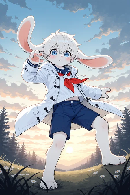 1boy,fur between eyes,white fur,lop rabbit ears,rabbit boy,blue eyes,furry male,blush,serafuku,white coat,blue shorts,paw,looking at viewer,dynamic pose,cloudy sky,nature,cinematic lighting,aged down,solo,male focus,IllusP0s,flat color,outline,pastel colors,ROOT,<lora:aidmaFLuxPro1.1_v0.3_IL:0.15>,<lora:noobaiXLNAIXL_epsilonPred11Version-lora:0.12>,<lora:best_of_ai_styles_noob-vpred-1.0_v1.337-edm2-pass-long:0.2>,<lora:ROOT.0.2_r1:0.6>,